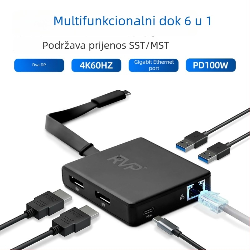 Šest u jednoj USB-C docking stanici s USB 2.0 sučeljem, prijenos 480 MB/s, kabel duljine 15 cm, bez napajanja