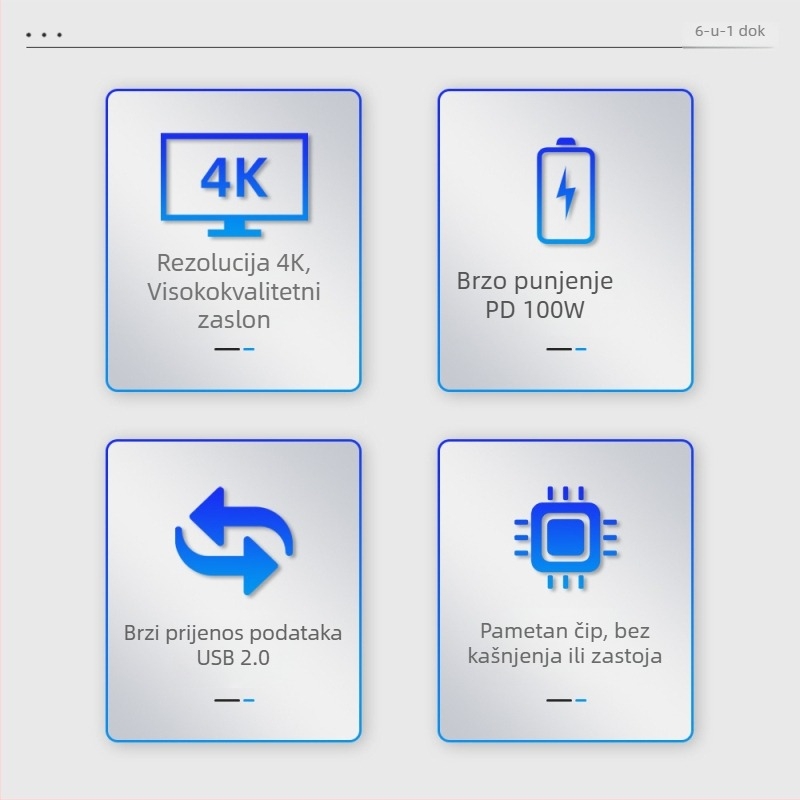 Šest u jednoj USB-C docking stanici s USB 2.0 sučeljem, prijenos 480 MB/s, kabel duljine 15 cm, bez napajanja