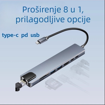 8-u-1 USB-C docking stanica: USB 3.1, do 5 Gbps, 15 cm kabel, bez napajanja