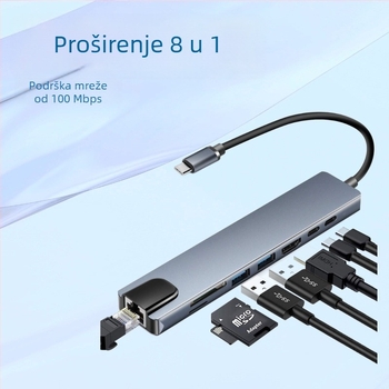 8-u-1 USB-C docking stanica: USB 3.1, do 5 Gbps, 15 cm kabel, bez napajanja