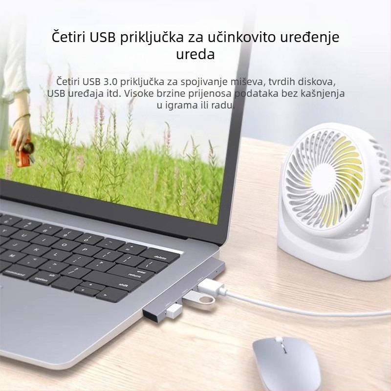 YMCHN ym006 USB 3.0 hub s pravim kutom od aluminijske legure, 1–4 priključka, Type-C docking stanica