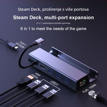 CS-031 Steam Deck prošireni docking s USB-C, 5 Gbps, 1–6 grana spojeva, bez vanjskog napajanja