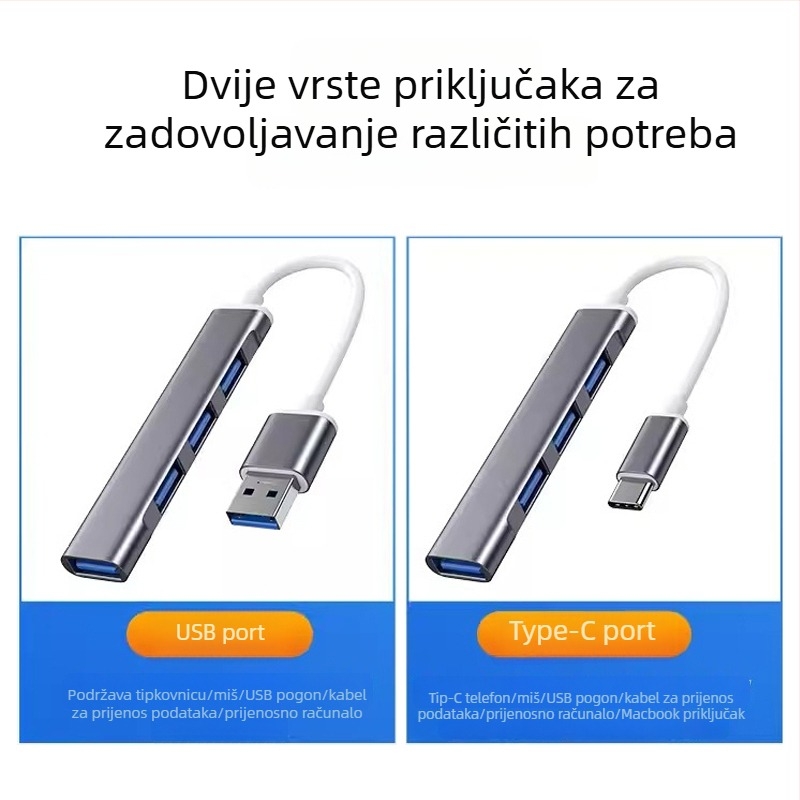 USB proširivač za notebook – hub s 4 USB porta USB 3.0/2.0, USB-C, aluminij