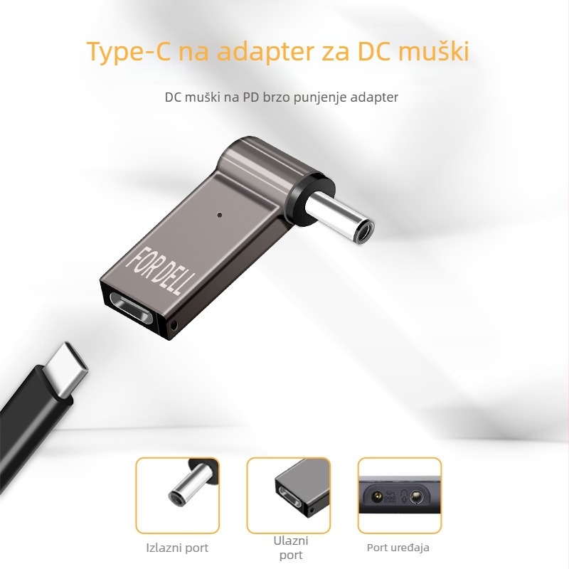 Type-C ženski DC adapter za notebook, 100W PD brzo punjenje, L-oblik konektor