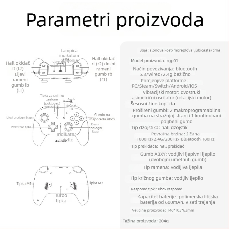AMPOWN RGP01 gamepad — Bežični višenamjenski kontroler s Bluetooth 5.3/2.4G, USB, vibracija, RGB osvjetljenje