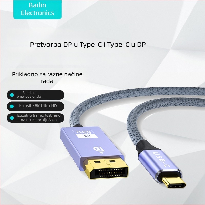 Kabel Type-C u DP za multimediju, dvostrani, aluminijsko kućište, DP sučelje, audio–video konverzija, pozlaćeni bakreni vodovi
