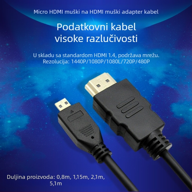 Micro HDMI na HDMI kabel, kabel visoke razlučivosti za tablete i kamere, kompatibilan s monitorima i projektorima, duljina 0,3 m