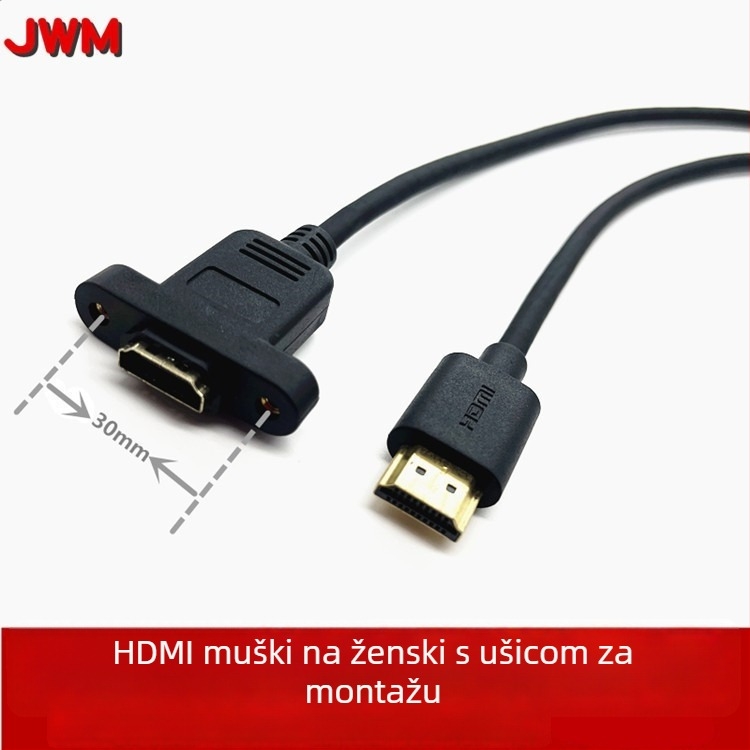 HDMI produžni kabel muški–ženski, dužina 1 m, čista bakar, zlatno obloženo, 4K/2K, s otvorom za vijak