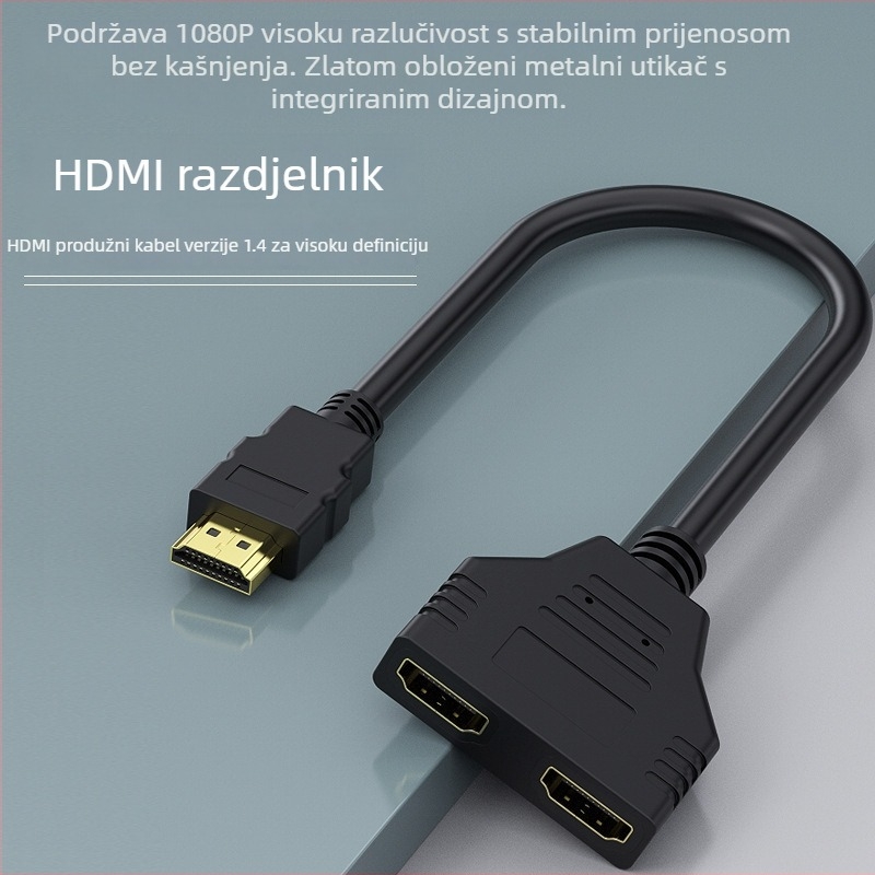 HDMI 1x2 splitter, muško–ženski, 1080P, bakar bez kisika, zlatno premazani konektori