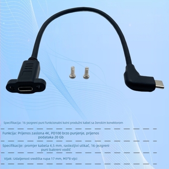 Type-C kutni produžni kabel, USB 3.2, 16-žilni bakar, muški–ženski, PD brzo punjenje i prijenos videa