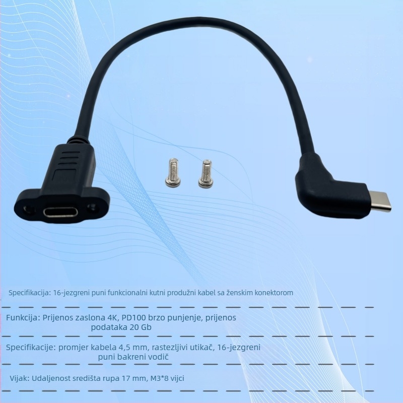 Type-C kutni produžni kabel, USB 3.2, 16-žilni bakar, muški–ženski, PD brzo punjenje i prijenos videa