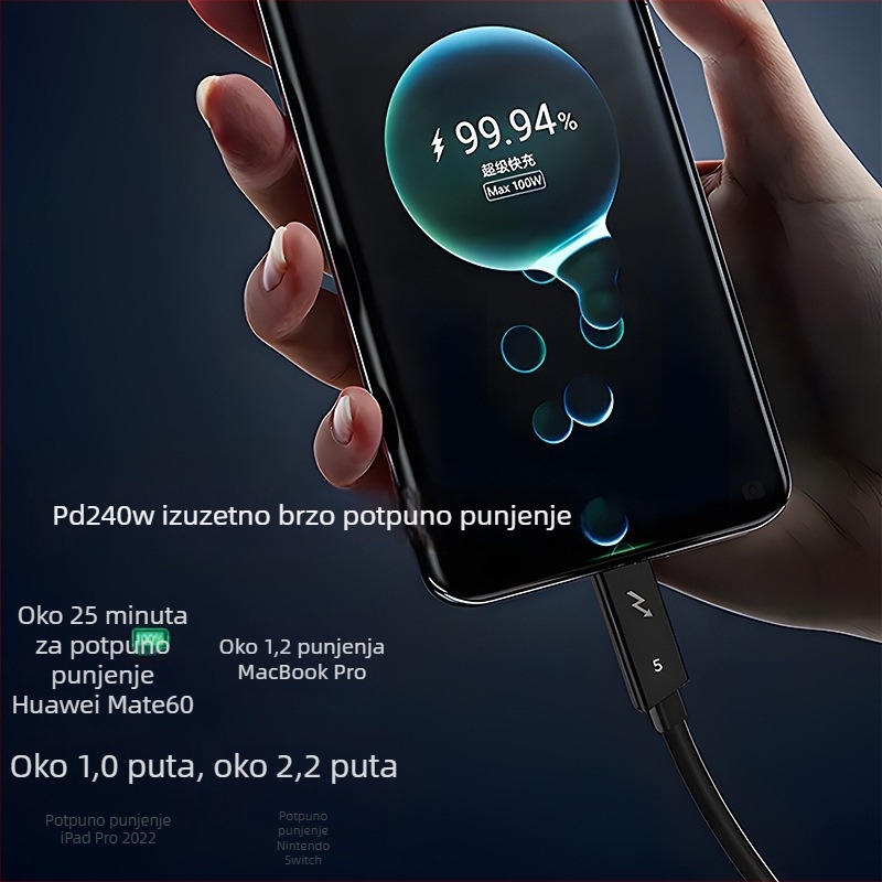 Thunderbolt 5 USB-C na USB-C kabel za prijenos, 120 Gbps, 240W brzo punjenje, potpuno funkcionalan Type-C, projekcija zaslona, 16K video