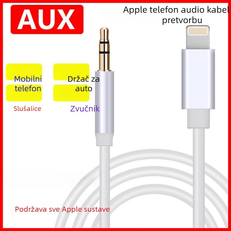 Audio kabel AUX za automobil Apple – pozlaćeno bakreno jezgro, vodič od legure; kompatibilan s iPhone XR, 7, 11, 8, 8 Plus