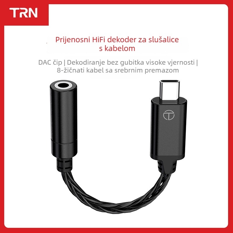 TRN TE DAC Audio Kabel Type-C za mobilne uređaje - DAC dekodiranje, srebrno-površinsko bakreno jezgro, legirani vodič, Type-C adapter kabel