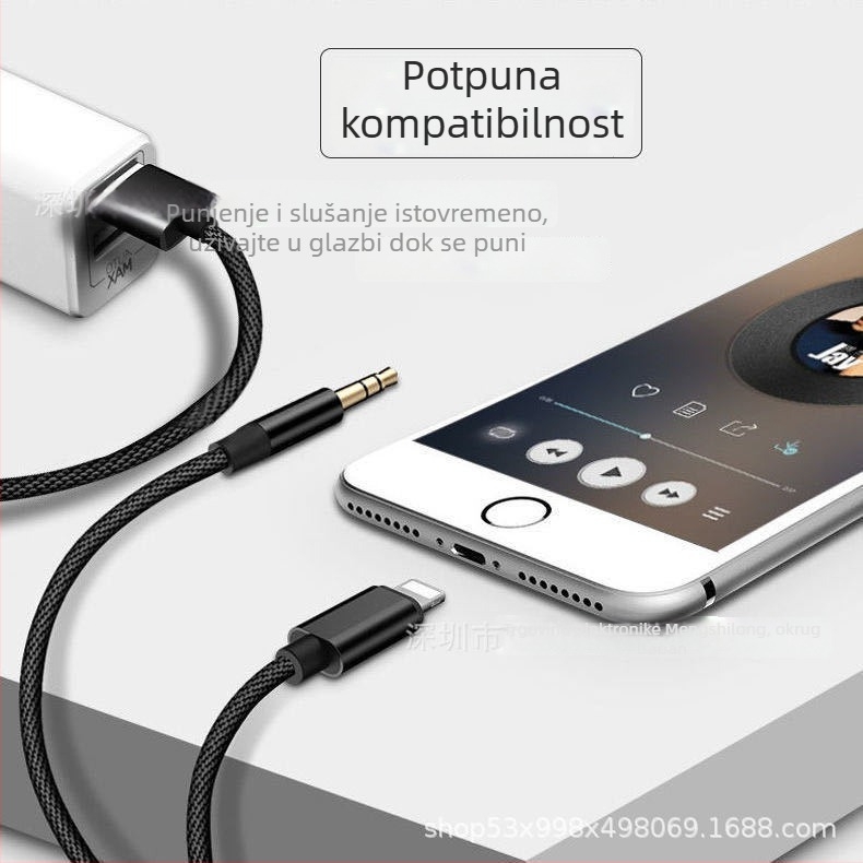 Apple autoaudio kabel 2-u-1: Lightning na 3,5 mm USB AUX adapter (bakreno jezgro, najlon omotač, metalno kućište)
