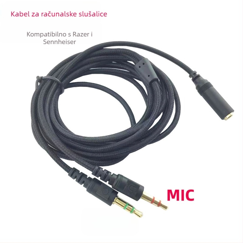 2-u-1 audio kabel za Razer over-ear slušalice — vodiči sa srebrnim premazom, jezgro od tinirane bakrene žice, bakreni vodič bez kisika, računalni adapter kabel za digitalne uređaje