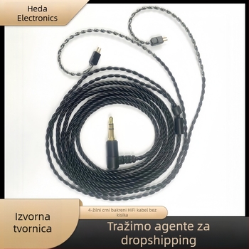 Kabel za nadogradnju za slušalice Shure MMCX IE40/IE80, 4-žilni crni bezoksidni bakreni uvijeni kabel