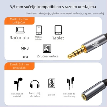 1-to-2 audio kabel za mikrofon i slušalice, jezgro od čistog bakra, TPE visokoelastičan omotač, zvuk visoke fidelnosti, kućište od livenog materijala, ROHS certifikat