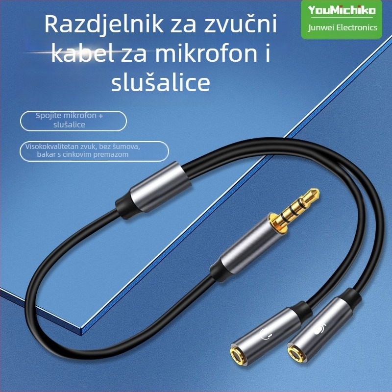 1-to-2 audio kabel za mikrofon i slušalice, jezgro od čistog bakra, TPE visokoelastičan omotač, zvuk visoke fidelnosti, kućište od livenog materijala, ROHS certifikat