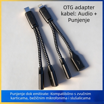 2-u-1 OTG audio adapter kabel za lavalier mikrofon i slušalice, kompatibilan s Type-C uređajima (jezgro od najlona, bakreni vodič, ROHS)