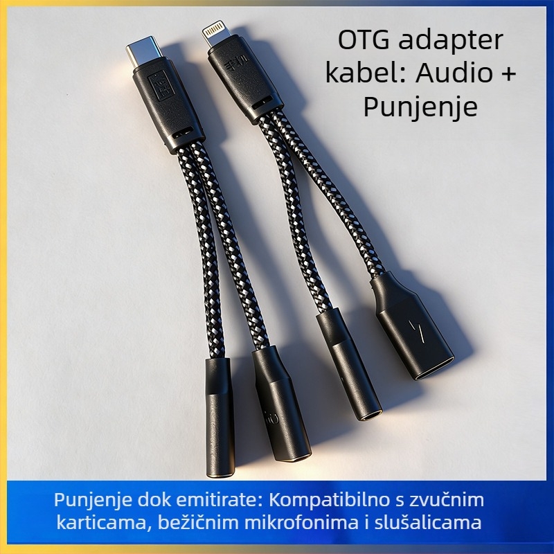 2-u-1 OTG audio adapter kabel za lavalier mikrofon i slušalice, kompatibilan s Type-C uređajima (jezgro od najlona, bakreni vodič, ROHS)
