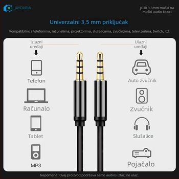 JC30 audio kabel, 1,2 m, 3,5 mm–3,5 mm, legirani vodnik, zlatno premazani konektori