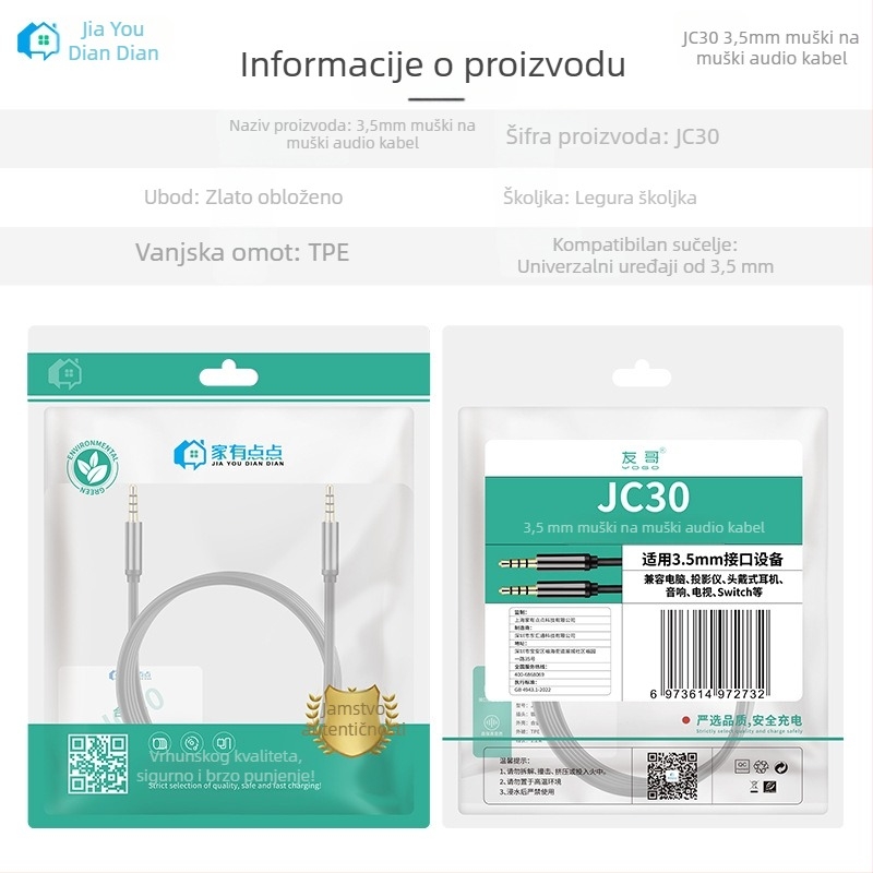 JC30 audio kabel, 1,2 m, 3,5 mm–3,5 mm, legirani vodnik, zlatno premazani konektori