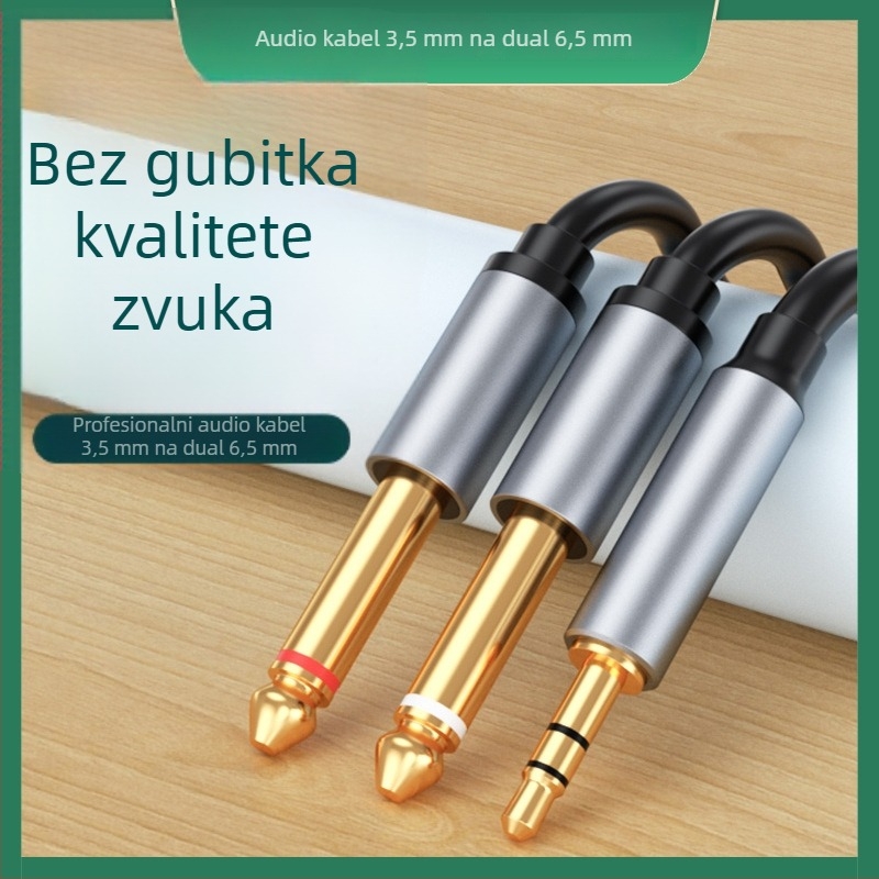 Audio kabel 3,5 mm na dvostruki 6,35 mm, muški–muški adapter 6,35 mm, Y‑splitter 1 na 2, zlatno pozlaćeni konektori, vodič od aluminijske legure