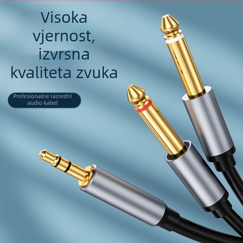 Audio kabel 3,5 mm na dvostruki 6,35 mm, muški–muški adapter 6,35 mm, Y‑splitter 1 na 2, zlatno pozlaćeni konektori, vodič od aluminijske legure