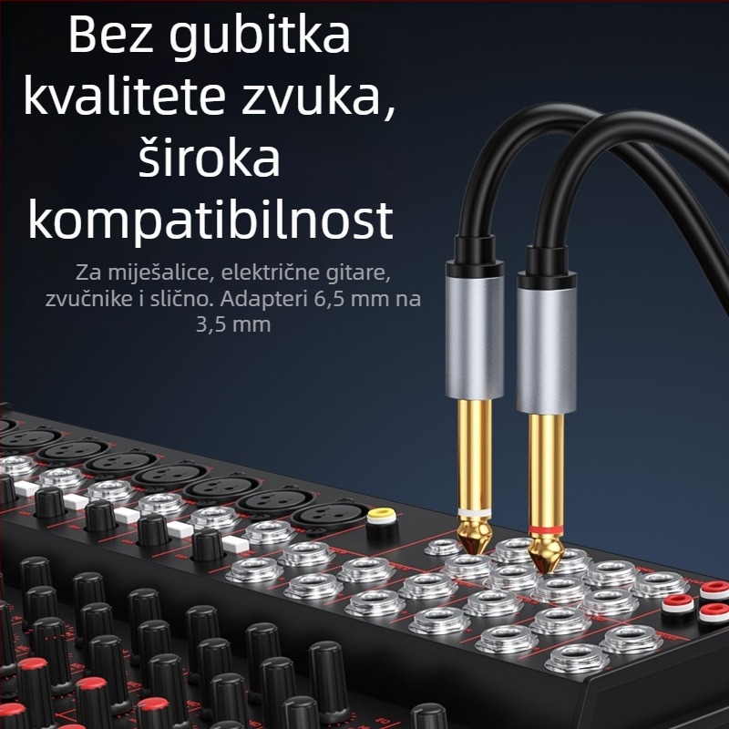 Audio kabel 3,5 mm na dvostruki 6,35 mm, muški–muški adapter 6,35 mm, Y‑splitter 1 na 2, zlatno pozlaćeni konektori, vodič od aluminijske legure