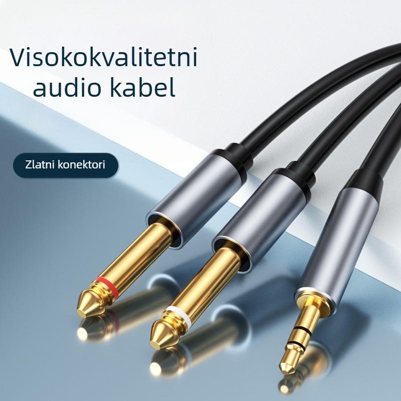 Audio kabel 3,5 mm na dvostruki 6,35 mm, muški–muški adapter 6,35 mm, Y‑splitter 1 na 2, zlatno pozlaćeni konektori, vodič od aluminijske legure