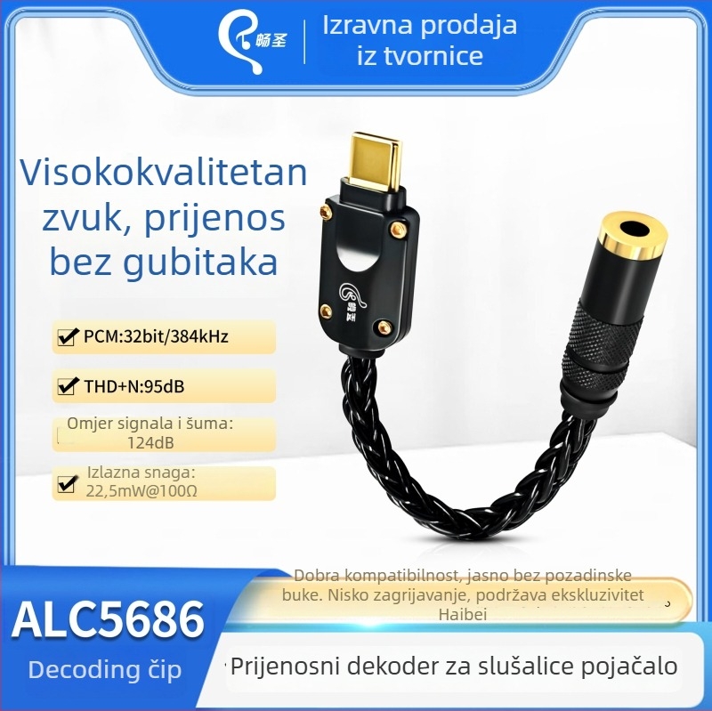 Hi‑Fi USB‑C na 3,5 mm audio kabel s ALC5686 dekoderom, srebrno premazano bakreno jezgro, bakreni vodovi bez kisika, 38 g