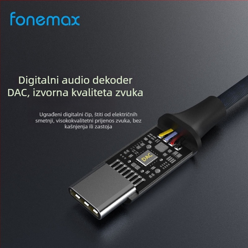 Audio adapter Type-C na 3,5 mm za iPhone 16/17, Fonemax AT-01, niklani premaz, bakrena jezgra s kalajnim premazom, vodič iz legure, 10 g