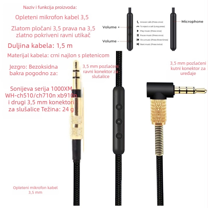 Audio kabel 3,5 mm na 3,5 mm, pleteni, pozlaćeni, jezgro: čista bakar, vodič: bakar bez oksidacije, ROHS certifikat