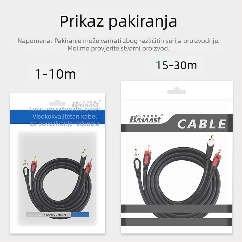 Kabel za zvuk JQB-333, 3RCA do 3RCA, bakreni vodovi, zlatni konektori