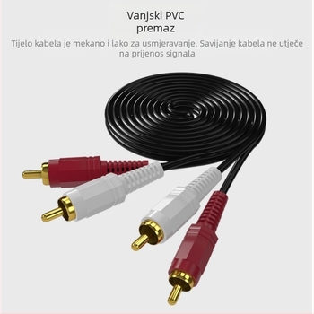 AV audio kabel 2 na 2, zlatno obloženi, bakreno-obaljeno čelično jezgro, 2RCA na 2RCA, dvostruki RCA konektori, za zvučnike, računala, TV, pojačala, DVD