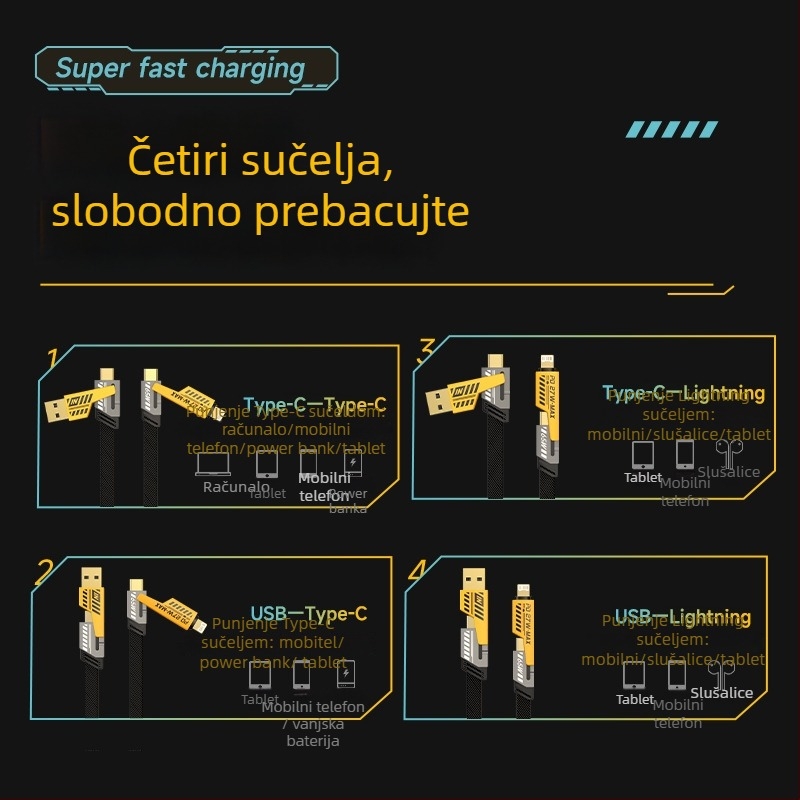 Kabel 4-u-1 za brzo punjenje i prijenos podataka, 65W, Lightning i USB-C, aluminijska legura, duljina 0,5–2 m