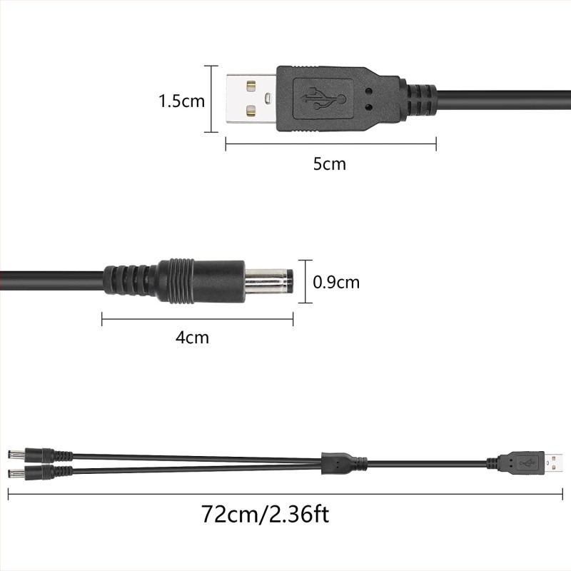 USB na DC 5,5×2,1 mm napajajući kabel sa splitterom, 1 na 2 izlaza, za male kućanske uređaje