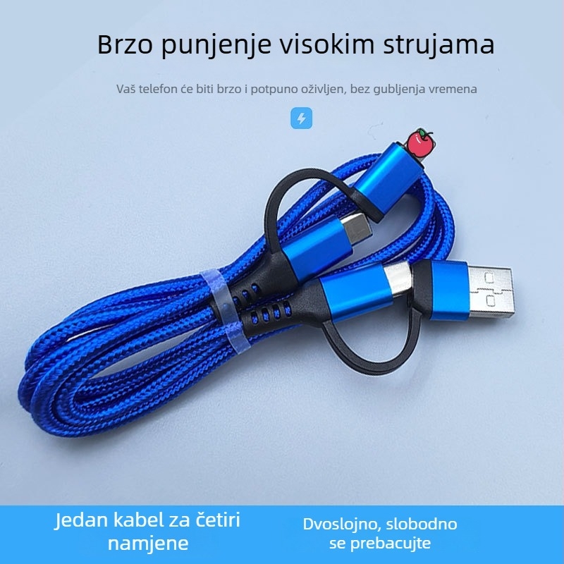 Aluminijski legura 4-u-1 podatkovni kabel, pleteni, brzo punjenje Type-C USB, kompatibilan s Apple i Android