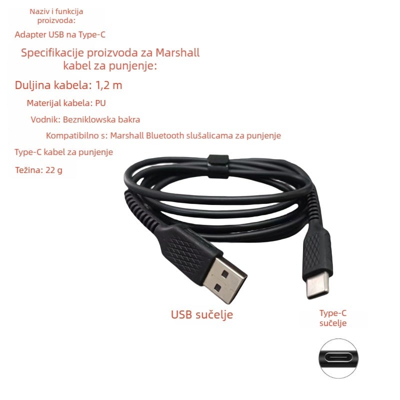 USB-C punjački kabel za Marshall II Bluetooth slušalice, duljina 1,2 m, OEM, Model II