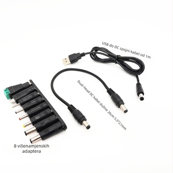 USB-u DC napajanje kabel s 8 adaptera, DC 5.5×2.1 mm, USB duljina 1 m + DC kabel 26 cm