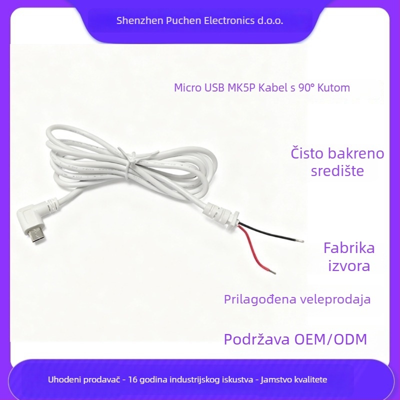 Micro USB kabel s 90° kutom Mk5P/M, čisto bakreno jezgro, napajajući kabel s pravim kutem