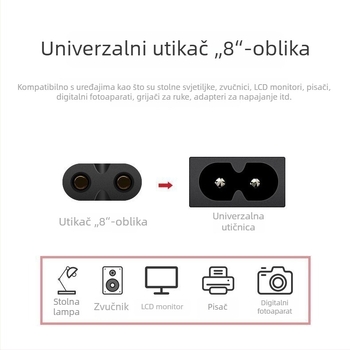 Napajanje kabel s dva pina za C7, 90° kutni spoj, kraj u obliku osmerokuta (figure-8), bakreni vodiči, za projektore i digitalne kamere.