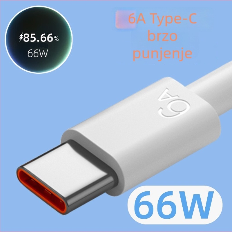 Type-C kabel za podatke uz brzo punjenje za Huawei telefone, 66W, 6A, narančasto gumeno jezgro