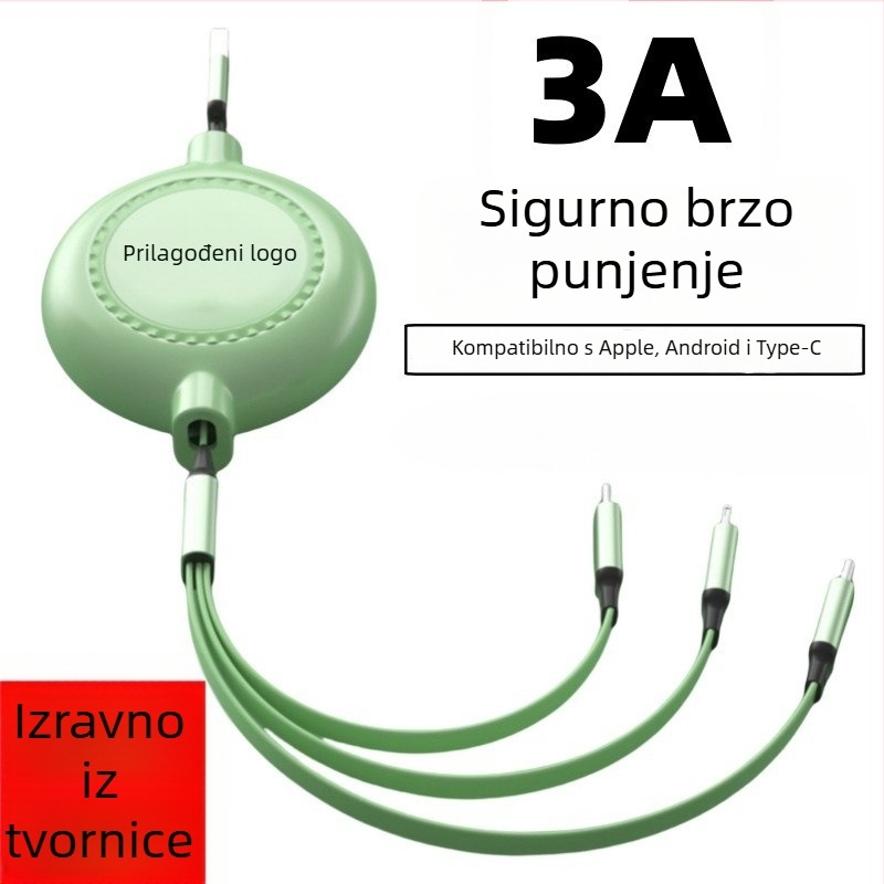 Gemstone 3-u-1 kabel za punjenje s Lightning, USB-C i Micro USB – povlačni, duljine 1–2 m, 3 A, silikon
