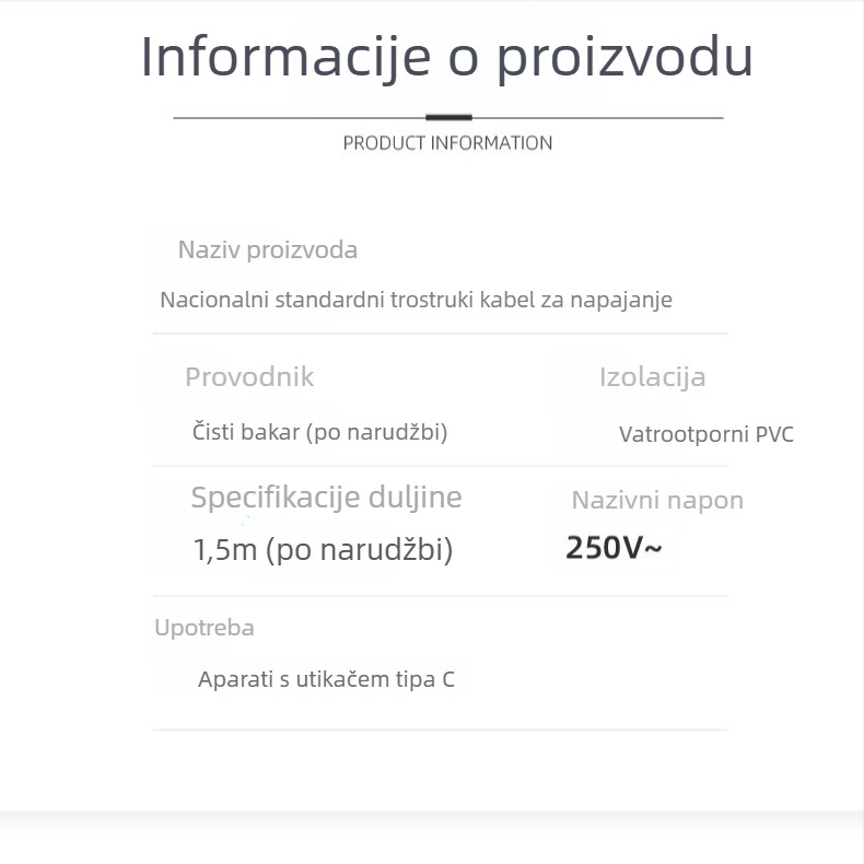 CCC certificirani napajajući kabel za računalo i monitor, GB standard, 3-žilni kabel 0,75 mm², trojpinski konektor