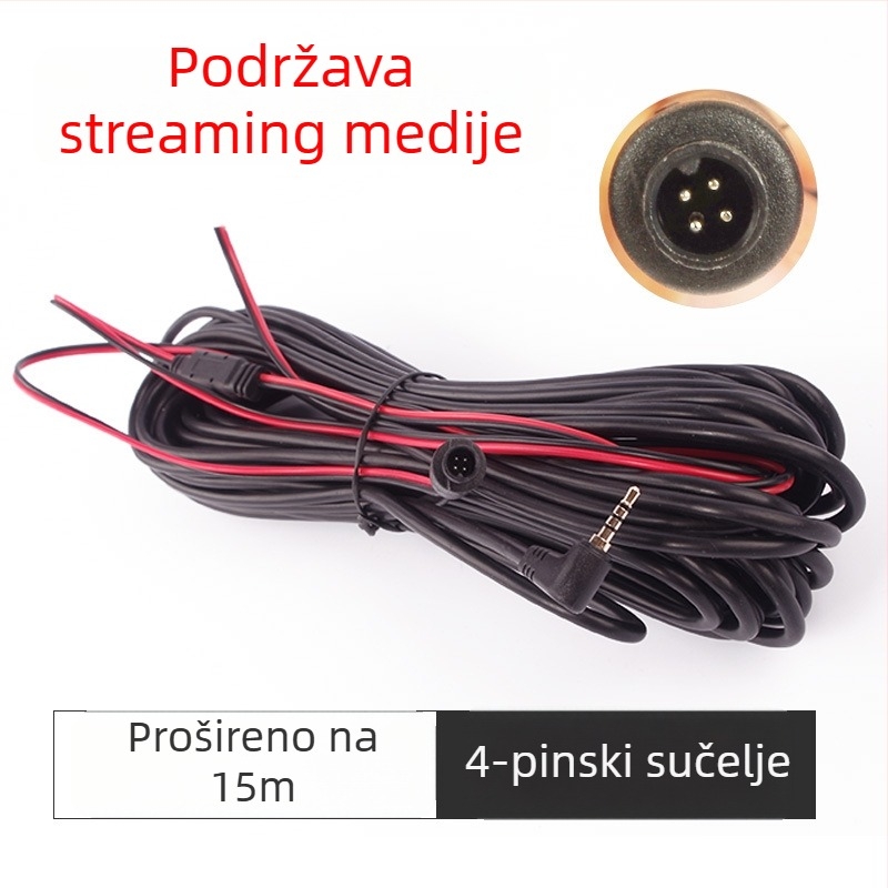 Prošireni kabel za automobilni DVR i kameru za vožnju unatrag – 15 m dužine, napajanje kabel, čelično jezgro, bakreni vodič