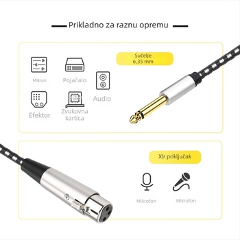 Audio kabel 6,35 mm do 6,5 mm, zlatom obložene kontakti, bakreno jezgro, PVC omotač, ROHS certifikat, pleteni kabel