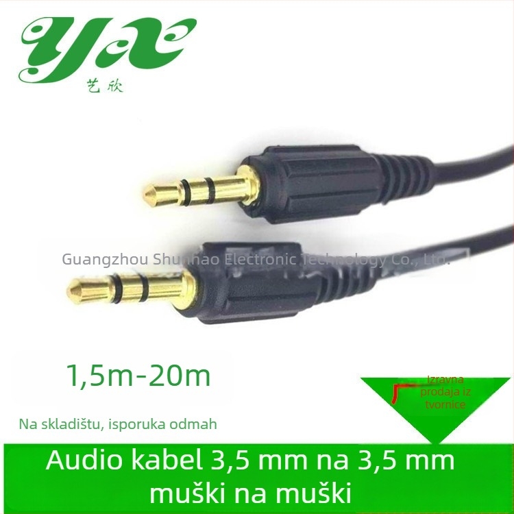AUX audio kabel 3,5 mm muški-muški za automobilsku AV, zvuk s telefona i računala, pozlaćeni konektori, bakreni vodič, produžni kabel