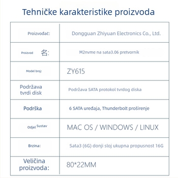 Proširna kartica M.2 M-Key PCIe 3.0 na SATA 6 priključaka za NAS s ASM1166 kontrolerom (Zy615)